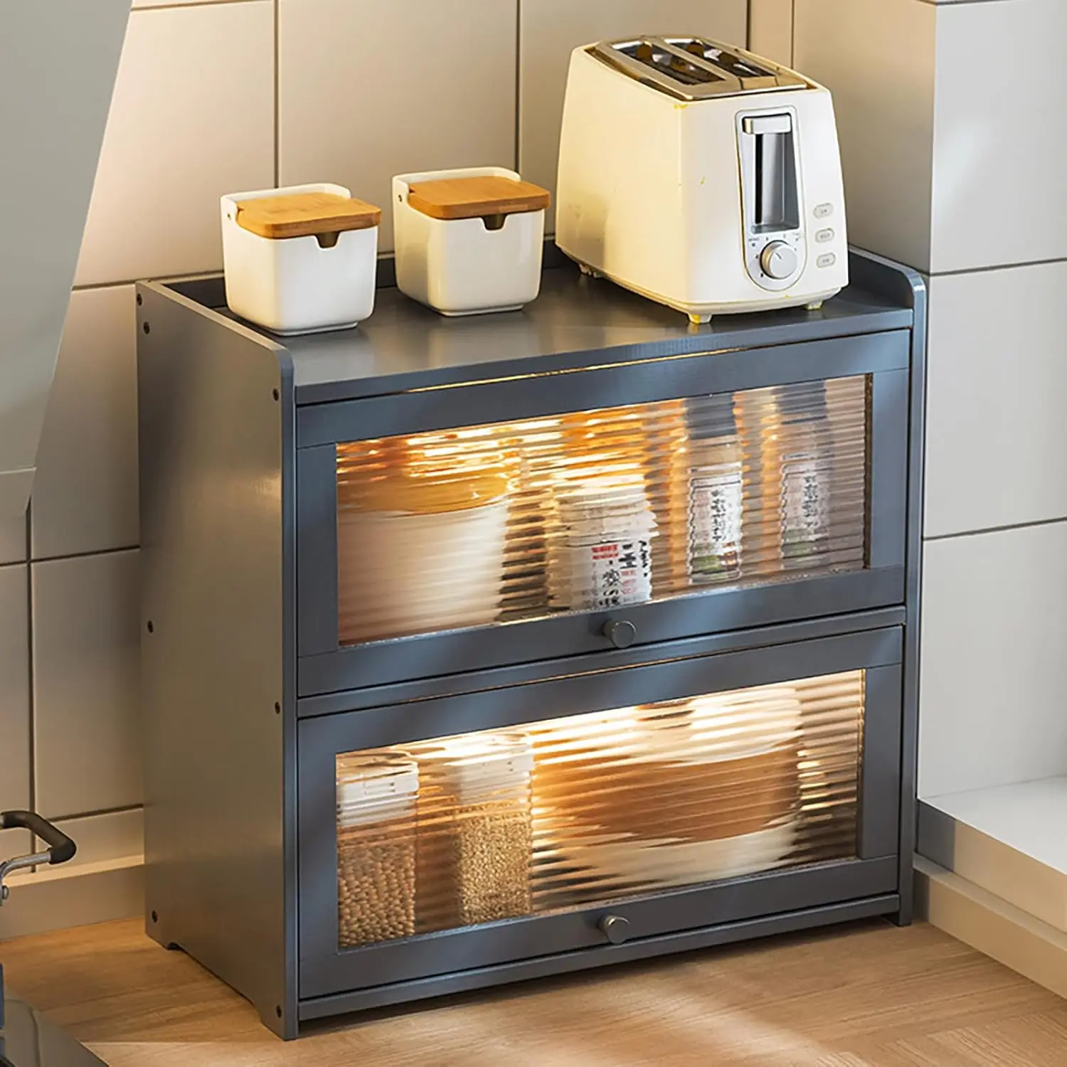 2-Tier Sturdy Rust-Resistant Bamboo Wood Countertop Kitchen Storage Cabinet with Flip-Top Hover Door, Raised Enclosure, Smooth Edges, Sealed Unit, Pre-Drilled Holes (20.5*9.8*19.7 Inches, 15 - 20 Kg) for Spice Bottles, Dishes; Also Fits Desk Use, Easy Acc
