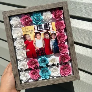Shadow box with photo full flowers - (up to 3 colors of flowers)  Custom frame / eternal flowers Decor Gift Glass