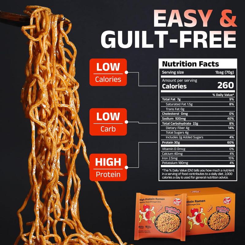 Healspot High Protein Spicy Buldak Noodles, Dry Tossed Ramen, 30g Plant-Based Protein, Low Fat, Low Carb, Non GMO, Keto Friendly & Plant Based (6 packs)