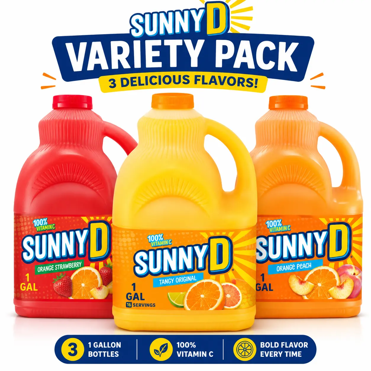 SunnyD Variety Pack Juice Drink - 3-Pack, Tangy Original, Orange Strawberry, Orange Peach Flavors, 1 Gal Family-Size Bottles, Vitamin C Citrus Beverage