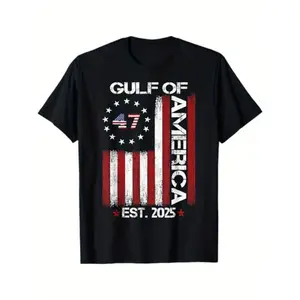 [100% Cotton] Men'S 100% Cotton "Gulf Of USA Est. 2025" Patriotic T-Shirt - American Flag Design, Casual Fit, Short Sleeve, Machine Washable, Black, American Flag Clothes Casual Crew Neck Cotton T-Shirt Menswear Top T-Shirt For Men And Women