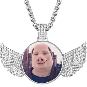 John Pork Meme Diamond Studded Angel Wings Photo Necklace | Custom Photo Necklace | Hip Hop Photo Pendant | Iced Custom Round Photo Pendant