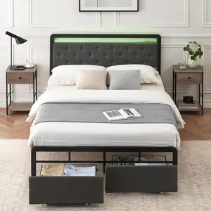 Full Bed Frame with 2 Storage Drawers LED Lights Upholstered Platform Bed with Heavy Duty Metal Slats No Box Spring Needed Noise Free Easy Assembly Grey