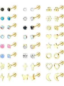 Colorful 24 Pairs Golden Cute 20G Flat Back Earrings 303 Surgical Steel Screw Back Stud Earrings for Women Men Tiny CZ Opal Moonstone Turquoise Ball Star Heart Pearl Small Stud Earrings Stud Earring Jewelry