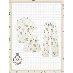 Chikawas Usagi Hachiware Pajamas Girls Summer Ice and Snow Silk Short-sleeved Summer Thin Home Clothes Three-piece Set