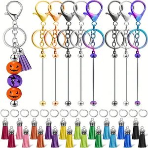 63 piece keychain tassel set, including 3 beaded keychain straps, 20 colorful tassels, and 40 open hanging rings, used for DIY crafts, pendants, jewelry making, backpack keychains, decorative gifts, Christmas Halloween gifts