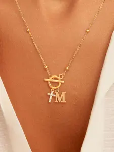 Women's Classic Stainless Steel Beaded Chain Necklace, Casual Style Letter Cross Pendant OT Buckle, All Seasons Jewelry