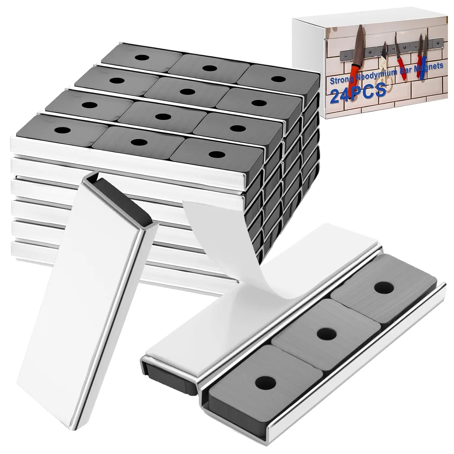 24 Pcs Neodymium Strong Bar Magnets Heavy Duty with Adhesive Foam Backing 22 lb Pull Rectangular Magnets Strips 3 Inch Ceramic Channel Magnet for Fridge, Garage, Kitchen, Office Craft