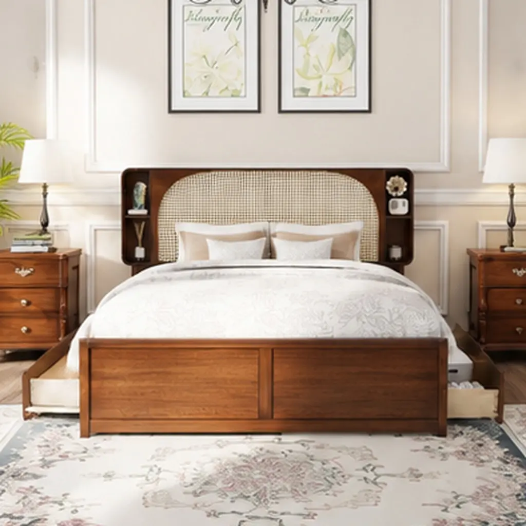 Queen Size Rattan Headboard Bed Frame with Two Drawers and Pull Out Trundle, Solid Wood+MDF, Walnut, Storage Bed with 4 Headboard Compartments, Guest Bed for Bedroom, Combo Unit, Queen Size Options, Walnut Color Options, Solid Wood+MDF Material