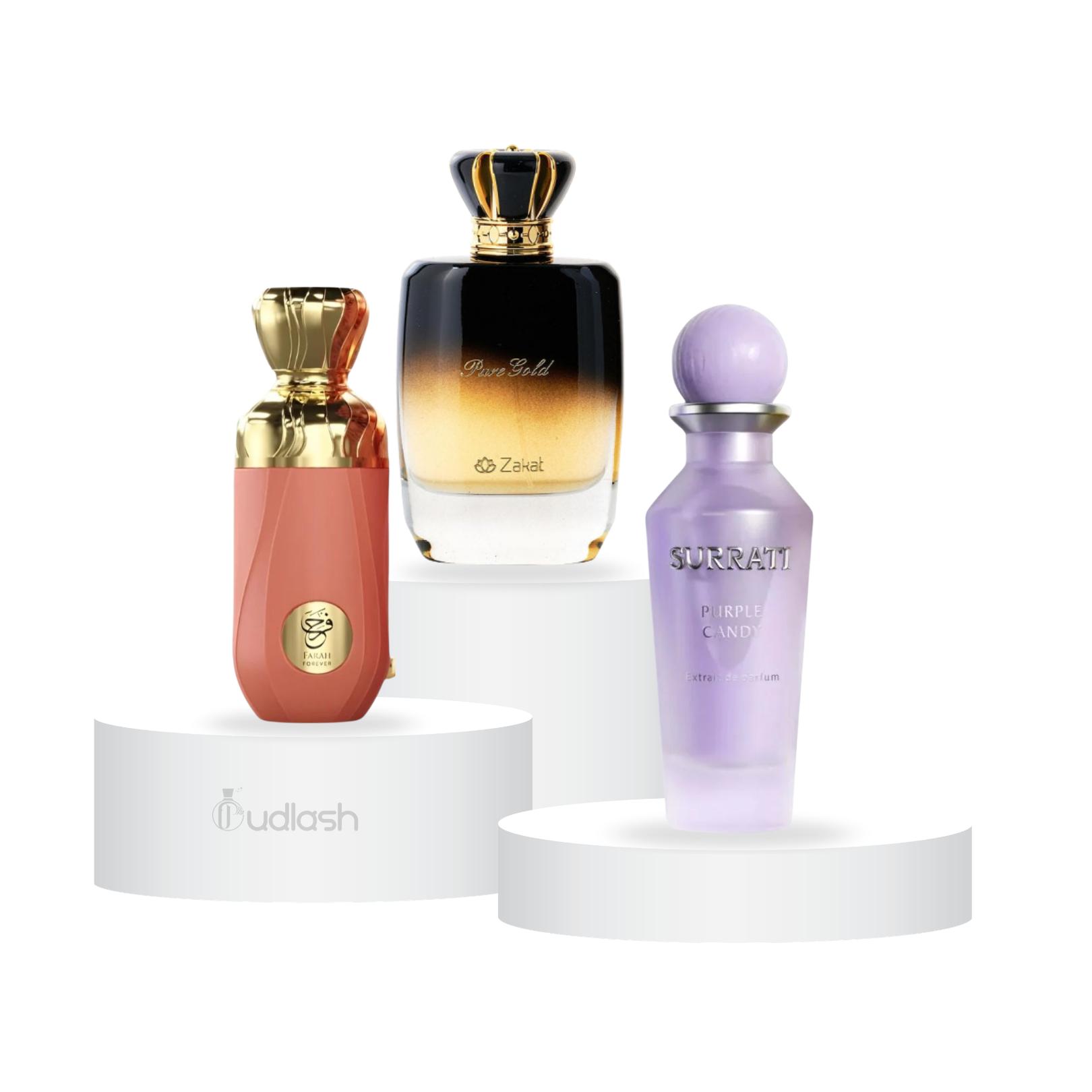 Habibi Bundle | Zakat Farah Forever + Surrati Purple Candy + Zakat Pure Gold | Women's Fragrance | 100 ML | Eau - Extrait De Parfum | Bergamot - Lemon & Tea