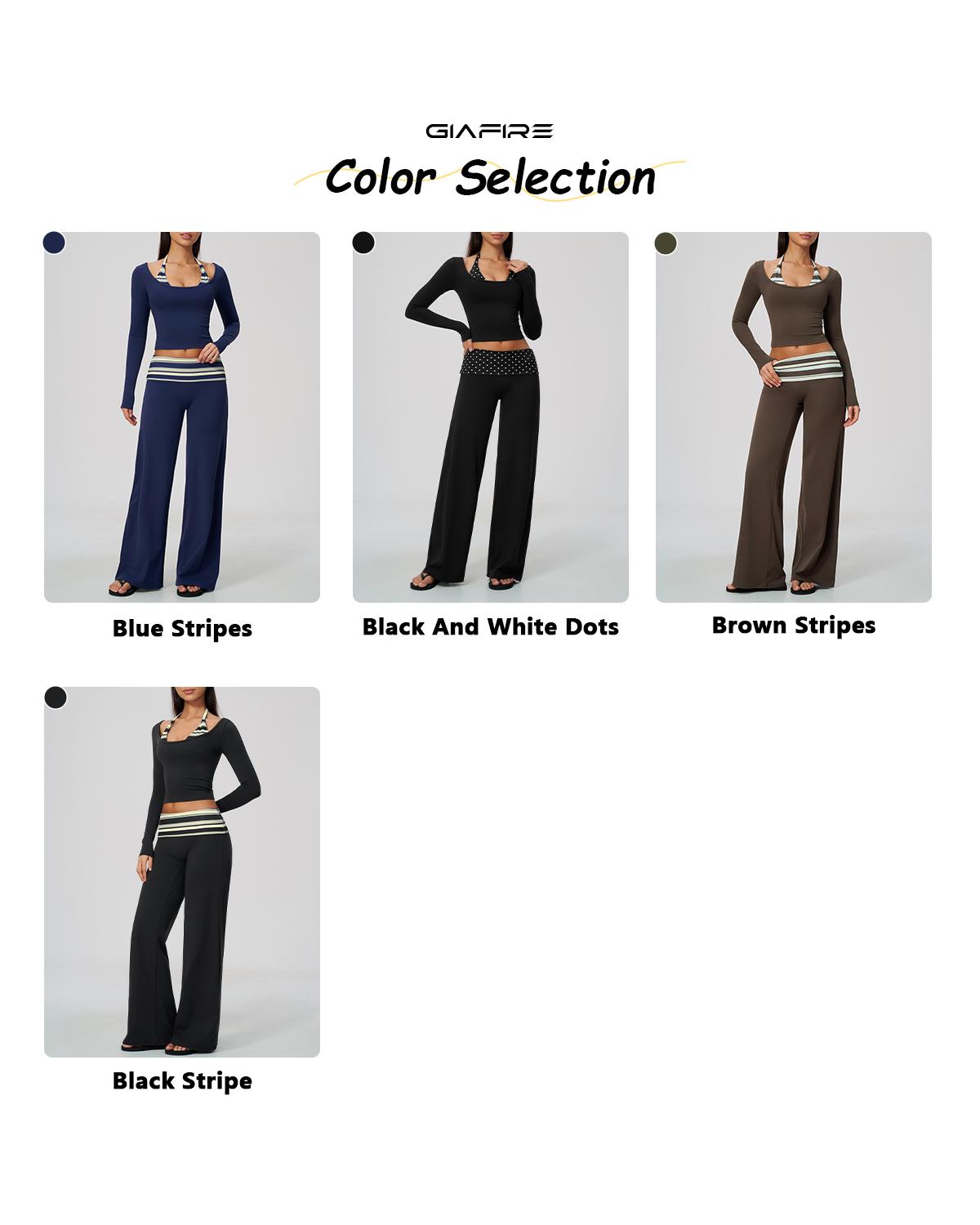 GIAFIRE Women’s Autumn 2-Piece Yoga Sportswear Set - U-neck Paneled Halter Long-Sleeve Top, High-Waisted Wide-Leg Slight Flare Pants, Highly Elastic Soft Breathable Quick-Drying Activewear for Pilates, Outdoor Sport