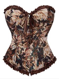 women's floral print lace up backless crop shapewear tube top, vintage tummy control strapless shaper, fashionable shapewear for women, body shapewear, womenswear, body sculpting belt, coffee brown shapewear