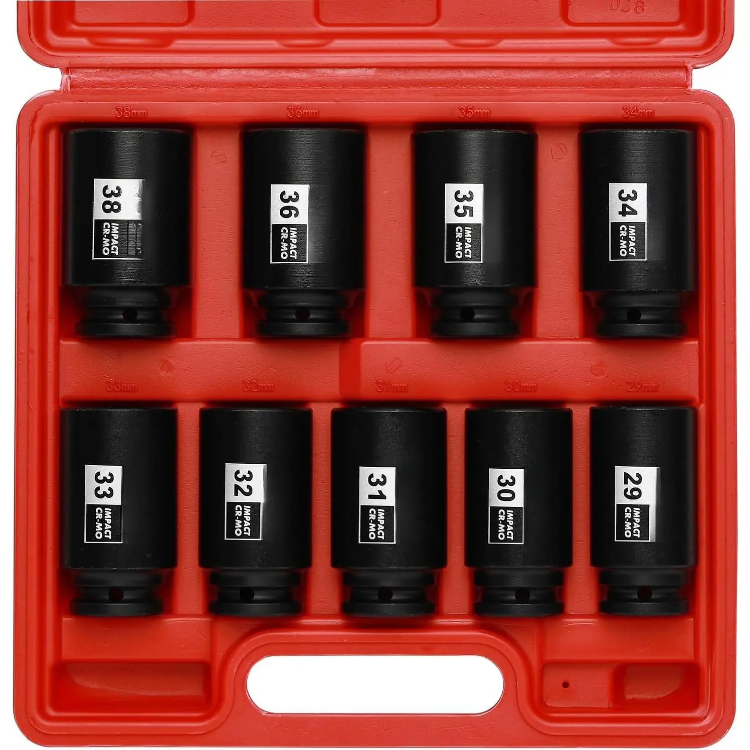 large socket set 1/2- Inch Drive Deep Spindle Axle Nut Impact Socket Set, 6 Point, CR-MO, Metric, 29mm-38mm, 9- 1/2" Dr. Deep Impact Socket Set
