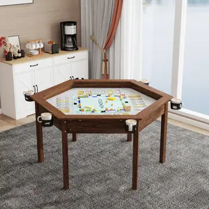 Hexagon Board Game Table with Removable Top for 6 Players Solid Wood Legs Non-Slip Play Mat Rotating Cup Holders Rustic Brown 2-in-1 Multifunctional Design
