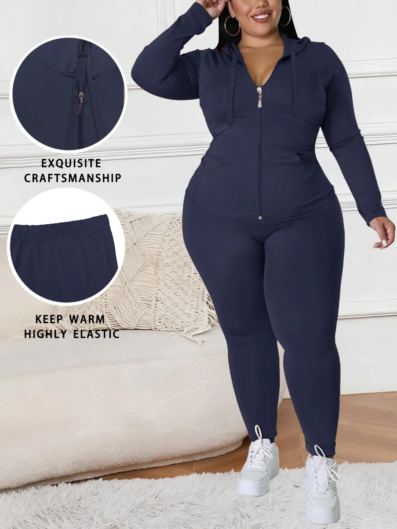 AUXDIO Women’s 2 Piece Zip Up Hoodie and Jogger Set, Long Sleeve Hooded Jacket with Drawstring Sweatpants, Casual Fitness Yoga Tracksuit, Outdoor Streetwear Matching Outfit, Minimalist Navy Blue