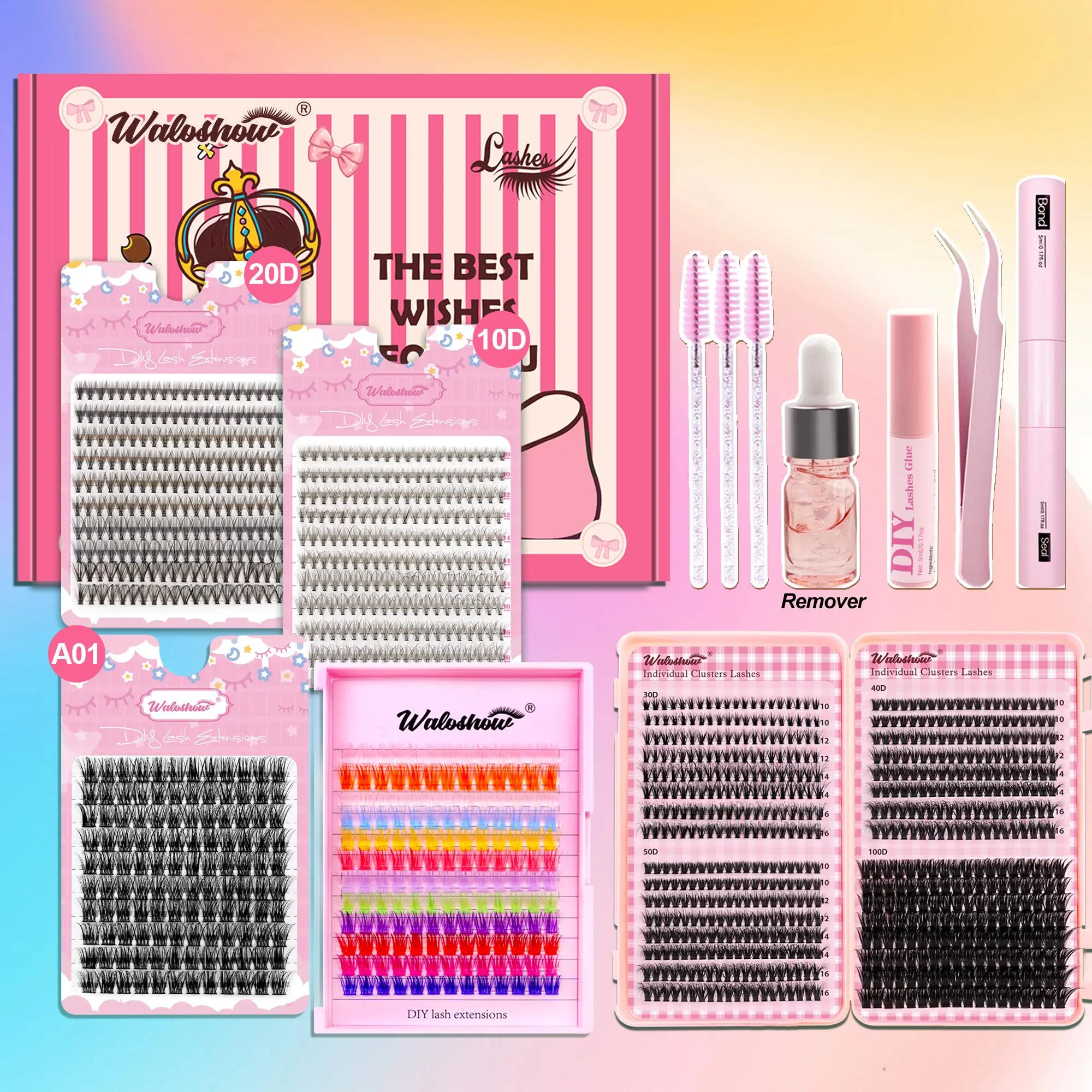 3D Fluffy False Eyelashes with Bond & Seal & Tweezers Kit, 1 Box Mixed Length & Styles Individual False Eyelashes, Eye Makeup Enhancement Tool for Women