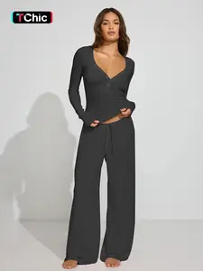 Women's Casual Long Sleeve Button Front Top & Drawstring Wide Leg Pants Set, Spring Summer Comfortable Daily Wear, Basic Style