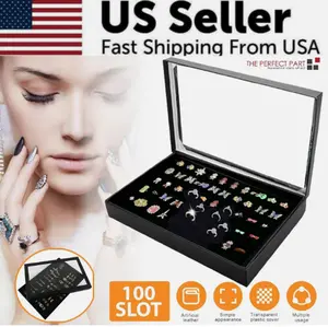 100 Slots Jewelry Ring Display Organizer Tray Holder Earrings Storage Box Case