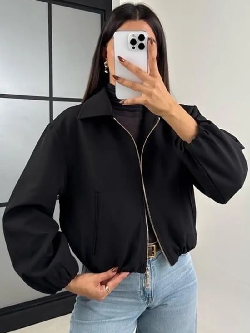 Casual Crop Oversized Puff Jacket Jacket Women's Jacket Spring 2026 Beige Khaki Black Outerwears Zip-Up Lapel Collar Long Sleeve Tops Streetwear Outfits & Weekend Hangouts Coat