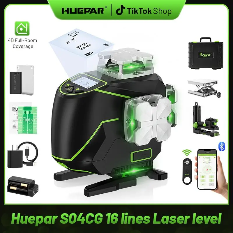 Huepar S04CG 4x360° Green Laser Level | Bluetooth App, LCD Screen & Triple Power Full-room 4D layout from floor to ceiling – control it all from your phone. Faster setups, fewer mistakes.