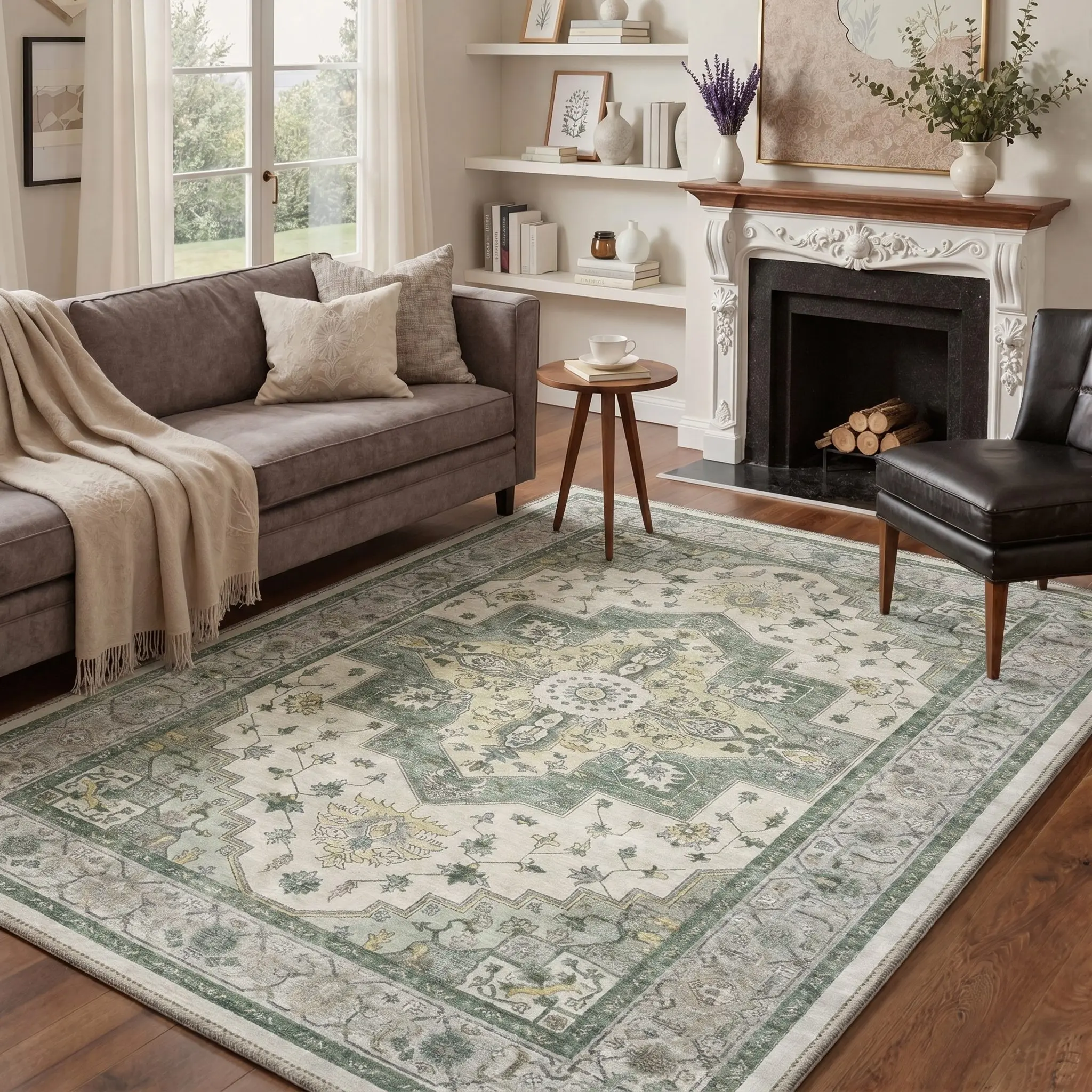 【Back To School】GENIMO Area Rug Non Slip Machine Washable Vintage Rug, Low Pile Lightweight Rugs for Entryway, Hallway, Kitchen and Corridor ,RUG1051-GREEN