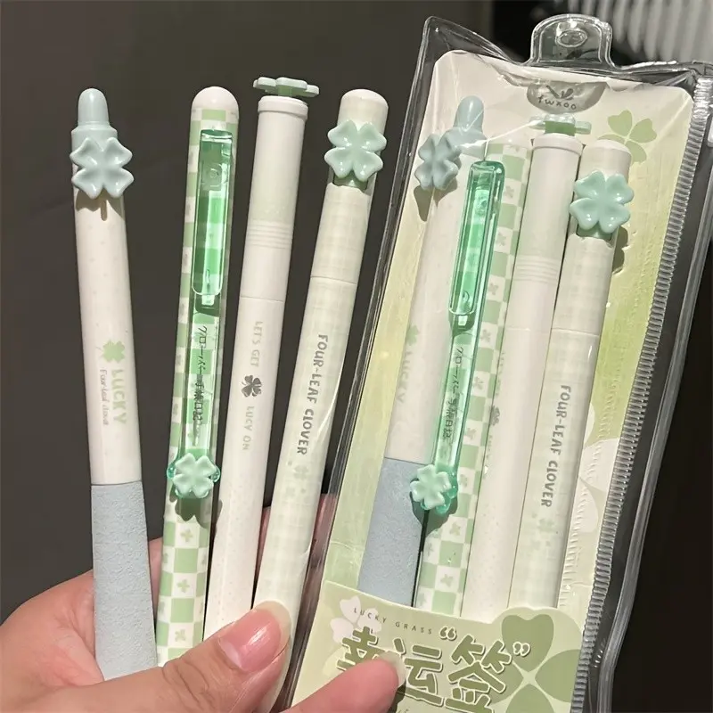 4pcs Lucky Clover Neutral Pen Set, Smooth Ink, Smooth Writing Pens, 3D Clover/sakura Clip, Student Classroom Note-Taking Writing Supplies