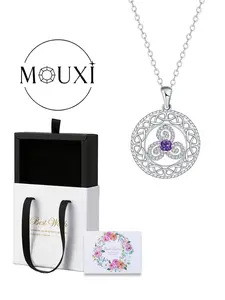 Keltic Necklace Silver Color Irish Keltic Knot Pendant Necklace, Good Luck Charm with Birthstone Crystal Round Pendant, Gift Box Included