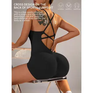 Sexy Fitness Jumpsuit Women Cross Adjustable Sports Playsuit Running One Piece Yoga Suit Scrunch Shorts Backless Set Romper running  bra Athletic Style Activewear