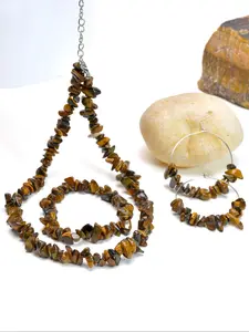 Natural Tiger Eye Stone Beads Decorated Jewelry Set, Vintage Irregular Stone Pendant Necklace & Dangle Earrings, Fashion Jewelry Accessories for Women