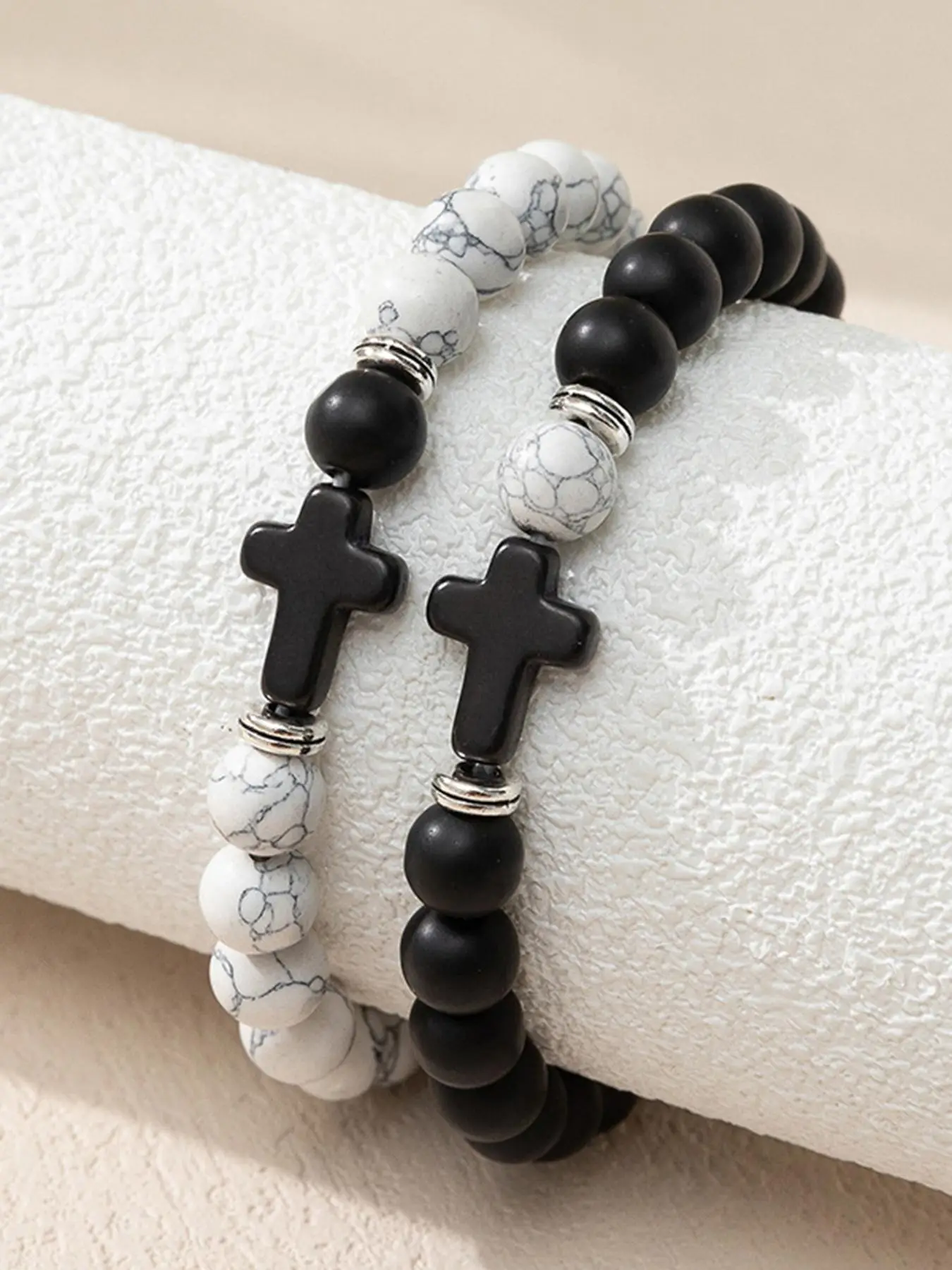 Street Trend Beaded & Cross Charm Bracelets for Couple, 2pcs/set Trendy Vintage Matching Bracelets for Men & Women, Chic All-match Jewelry As Birthday