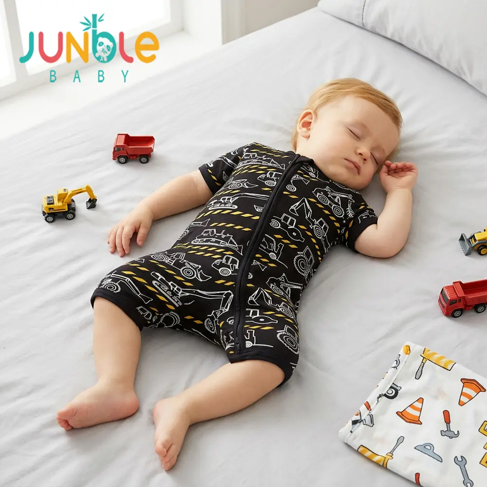 Junblebaby - Boys' Bamboo Fiber Short-Sleeved Zipper romper-Features Engineering vehicle / Excavator / Car print Pattern. bamboo baby zipper romper,baby cute jumpsuit, Boys' Clothing ,Two-Way Zipper , Suitable for 0-3-Year-Old Baby for Outdoor Play