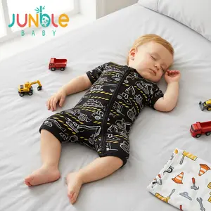 Junblebaby - Boys' Bamboo Fiber Short-Sleeved Zipper romper-Features Engineering vehicle / Excavator / Car Pattern. bamboo baby zipper romper,baby cute jumpsuit, Boys' Clothing ,Two-Way Zipper , Suitable for 0-3-Year-Old Baby for Outdoor Play