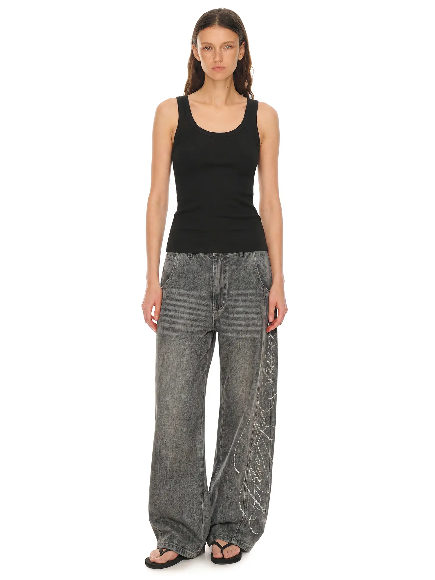 FDR Rhinestone Washed Jeans Vintage Wide Leg Denim Pants Unisex All Season, Bottoms, Fitted