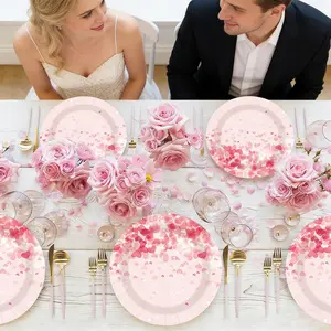 90-piece Valentine's Day red and pink heart-themed party set, disposable paper plates, paper cups, tissues, knives, forks and spoons party supplies, suitable for creating an atmosphere and date scene on Valentine's Day