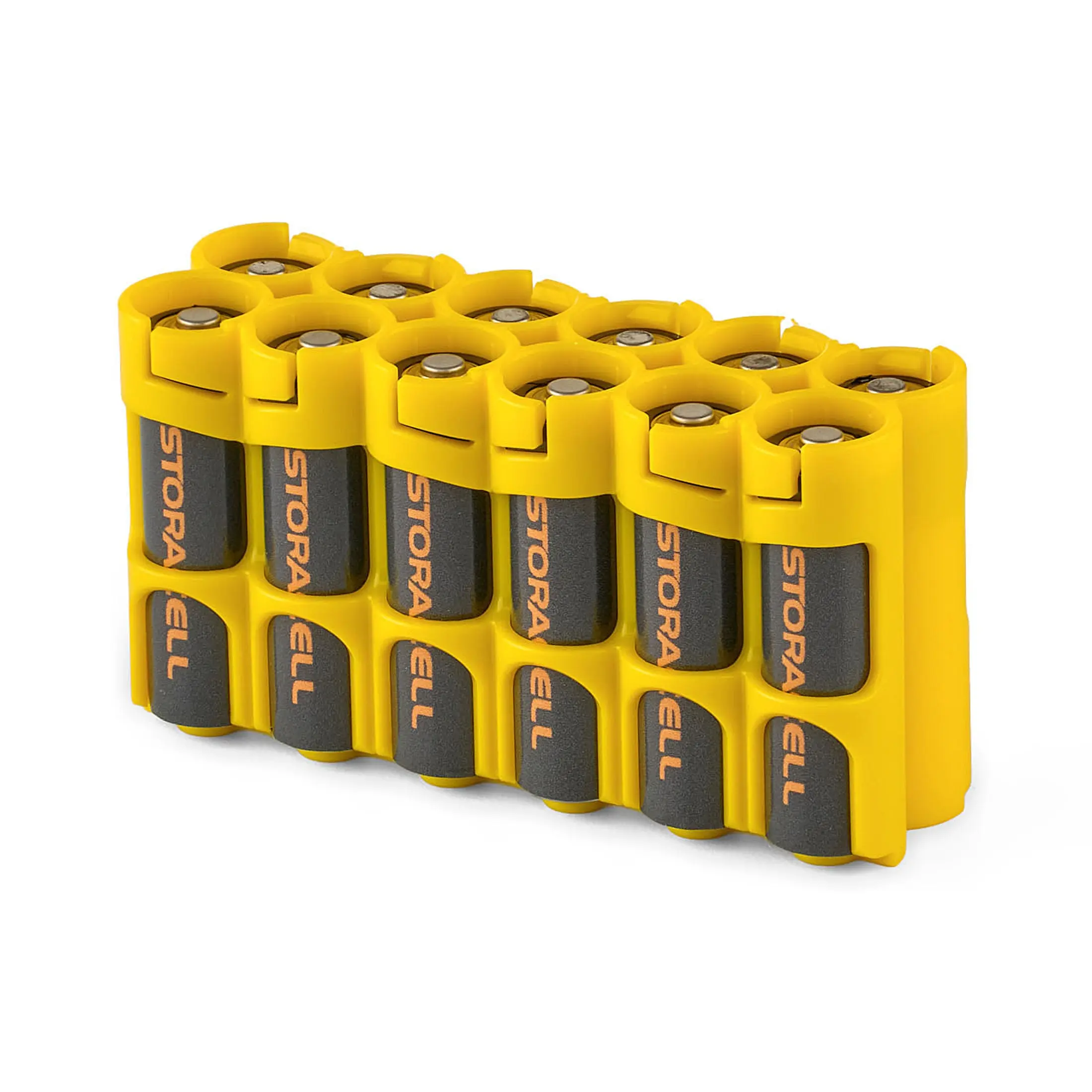 Storacell AA 12 Pack Battery Caddy (Yellow) - Batteries Not Included, Compact and Portable Design, Dispense Batteries Easily