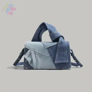 Vintage Denim Patchwork Mini Handbag, chic small square bag with knotted top handle, can be worn as a crossbody or shoulder bag, trendy casual design with premium texture, perfect for daily styling