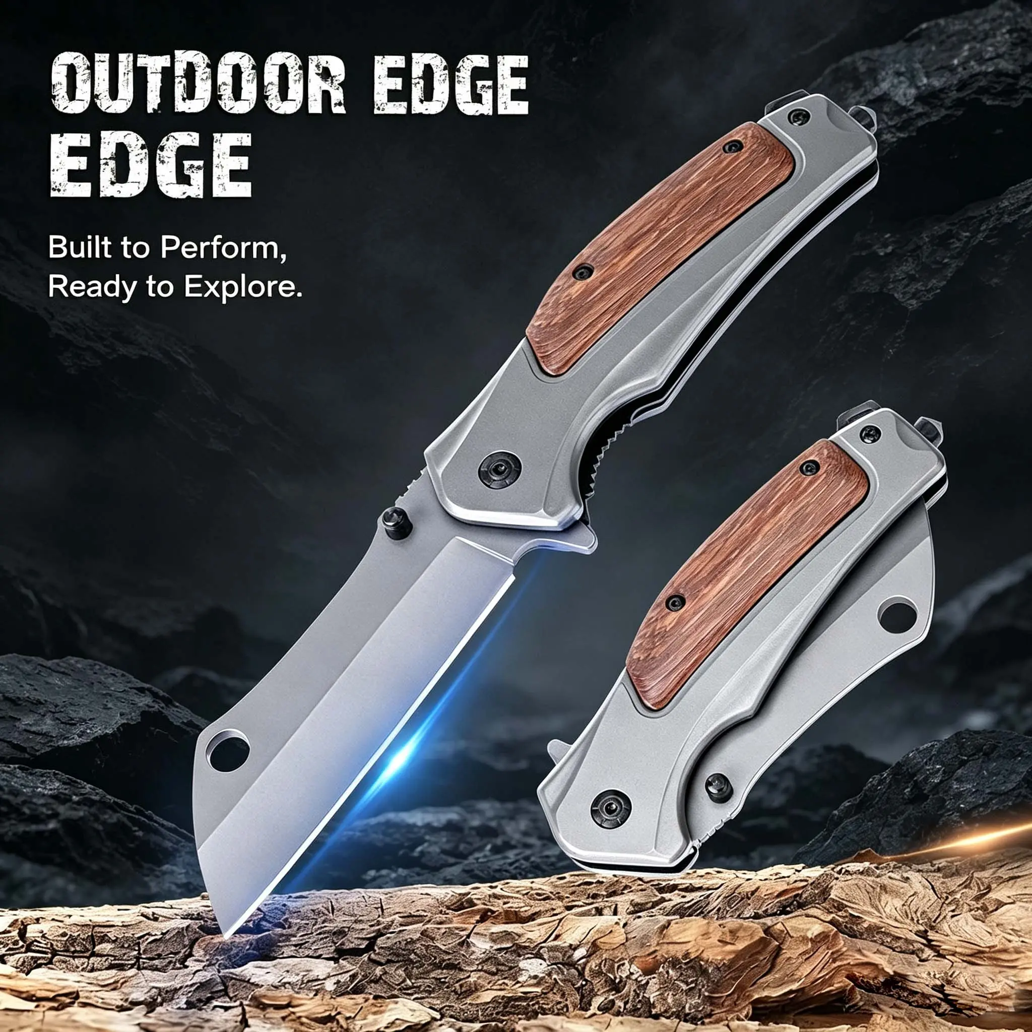 Lightweight Wood Inlay Folding Utility Knife - Compact & Portable, Wide Sharp Blade for Outdoor Camping, BBQ Meat Prep, Everyday Carry Kitchen Knife