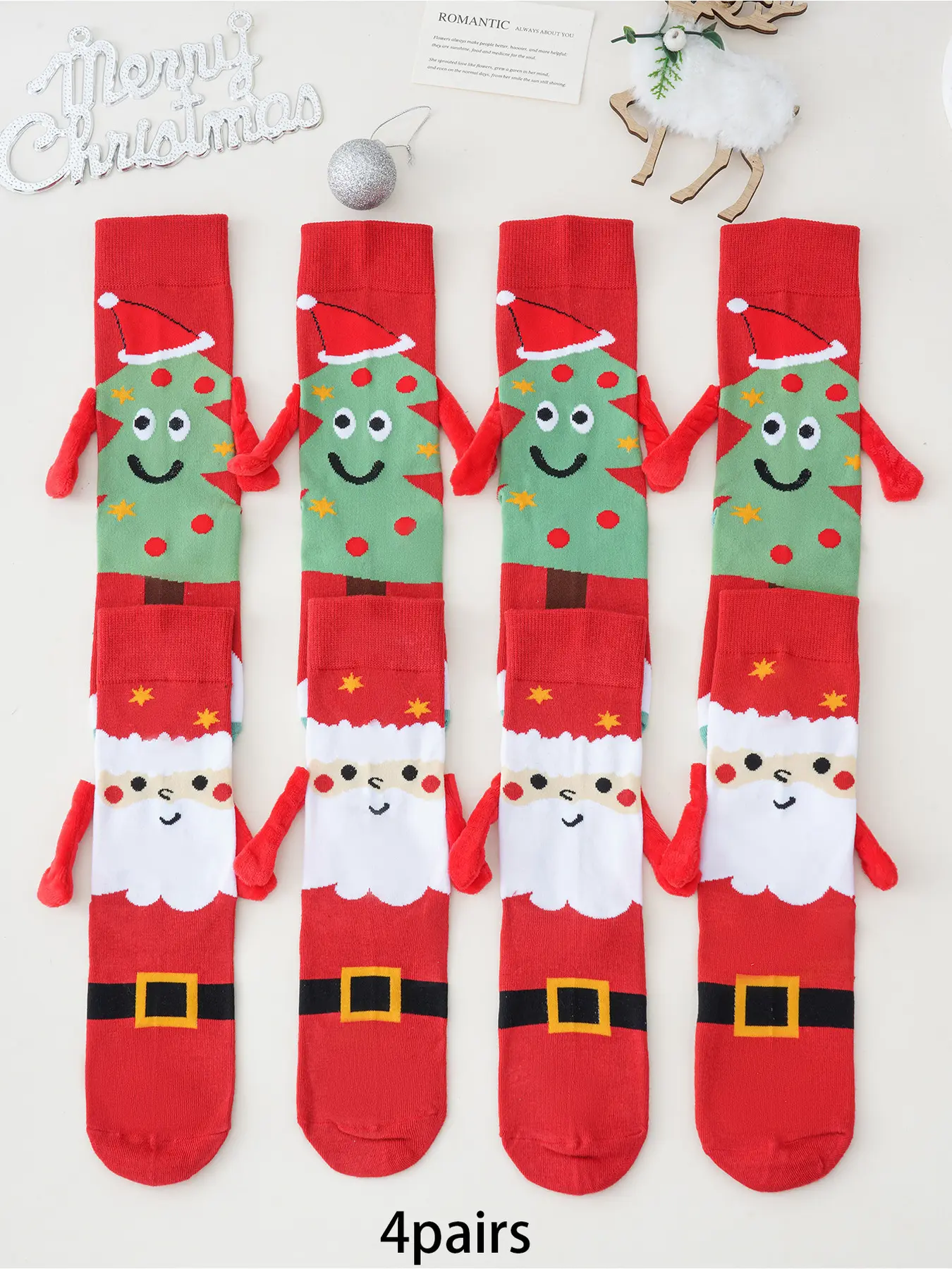4pairs Fun Couple Christmas Hand in Hand Socks Cute and Comfortable Warm Knitted Socks Suitable for Women's Winter Daily Party and Holiday Wear