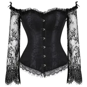 Renaissance Corset Top With Sleeves for Women 3/4 Corset Sleeve Plus Size Corsets Renaissance Corset Strap Black Costumes Princess Overbust