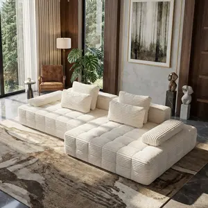 SummerVibes Peninsula 110-inch L-shaped modular ultra-wide frameless living room sofa, no bones, reclined seat available on the right side, soft snowflake white ribbed flannel cloud sofa/floor seating, two-piece set.   couch and co sectional