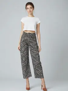Gray Zebra Stripe Printed Wide Leg Barrel Jeans
