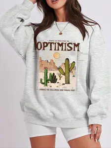 Street Style Optimistic Landscape Letter Print Sexy Fleece Pullover Sweatshirt, Fall & Winter Casual Loose Fit Round Neck Jumper