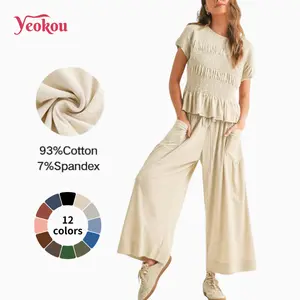 Yeokou Women’s  2-Piece Smocked Top & Wide-Leg Pants Set–High-Waisted Lounge Teacher's Outfit with Pockets Casual Boho Matching Set