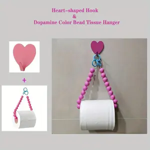 1 SET Creative Colorful Beaded Paper Towel Rack Combination (1 Beaded Paper Towel Rack + 1 Heart-Shaped Hook + 1 Free Hook), Dopamine Colorful Beads, Colorful Heart-Shaped Adhesive Hook, Bathroom Towel Rack, Punch-Free Creative Toilet Paper Holder