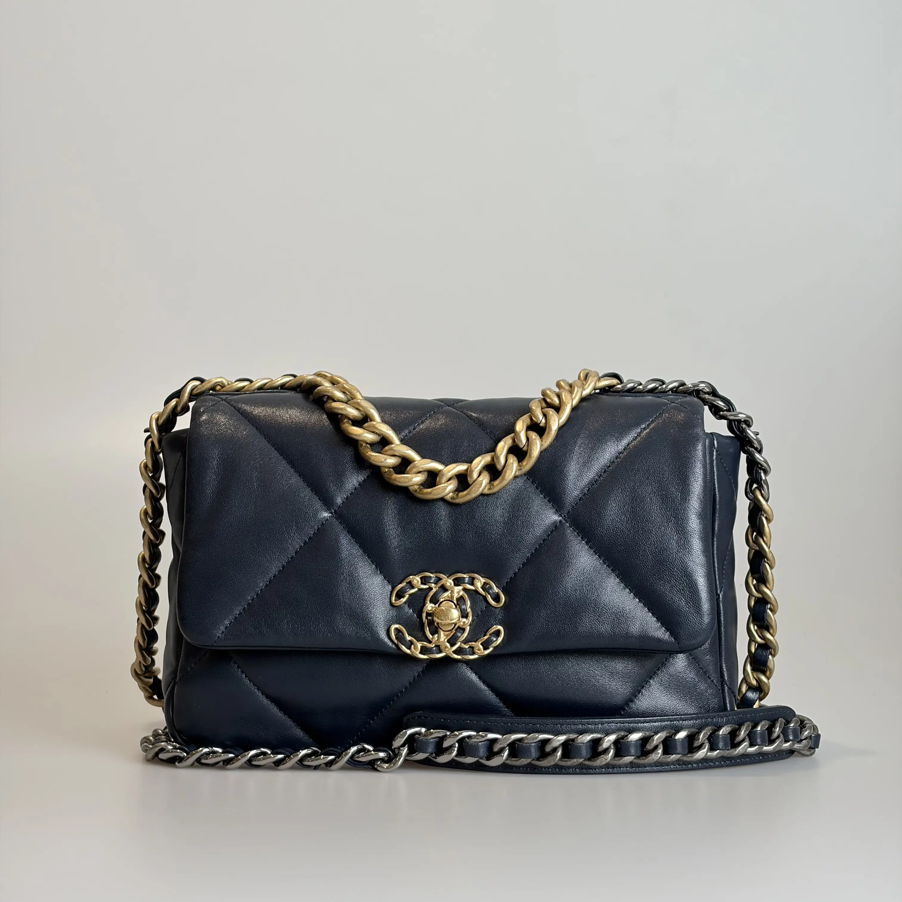 Pre-owned CHANEL Lambskin Crossbody Bag 19 Bag Small Size Navy Blue Quilted Gold‑Tone Hardware Mixed Gold & Silver Chain 52390683 Sold As Is / Final Sale