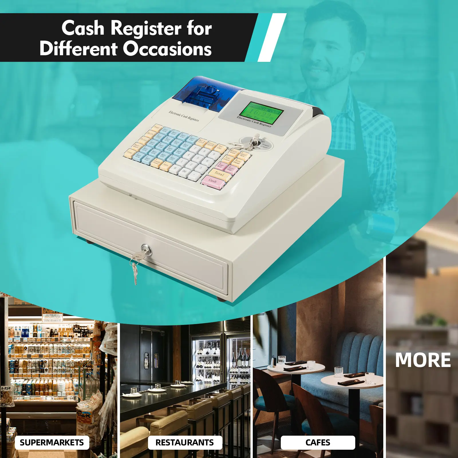 CNCEST 1 Electronic Cash Register with 48 Keys, Thermal Printer, Built-in Security Lock, USB-RS232 Connectivity, X/Z Reports for Restaurants, Retail Stores - ABS & Stainless Steel Construction