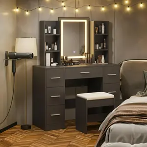 Garvee Vanity Desk with LED Mirror & Lights, Makeup Vanity Table Set with Storage Drawers, Stool, Power Outlets & App-Controlled RGB, for Bedroom (47.2"x25.4"x55.5")