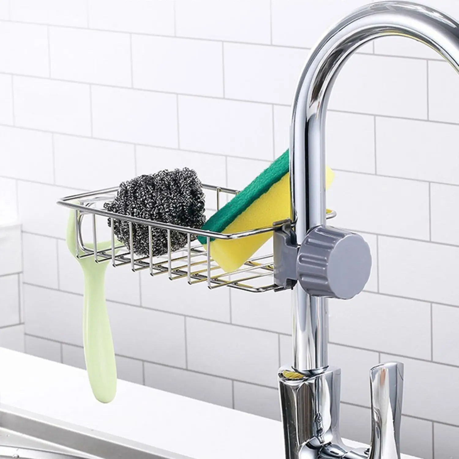3in1 Kitchen Faucet Organizer Rack - Sponge Holder, Scrub Daddy Sponge, Dish Brush Stand, Soap Holder, Stainless Steel Multifunction Sink Caddy kitche
