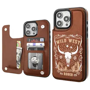 Coors Beer Cow Cowboy Creative Trendy Vintage Western Style Card Holder Wallet Aesthetic Pattern Brown Casing For iphone 16 15 14 13 12 PRO PLUS MAX PU Leather Stylish Gift Shockproof Protection Anti-Drop Protective Protector Phone Cases Shell Cover