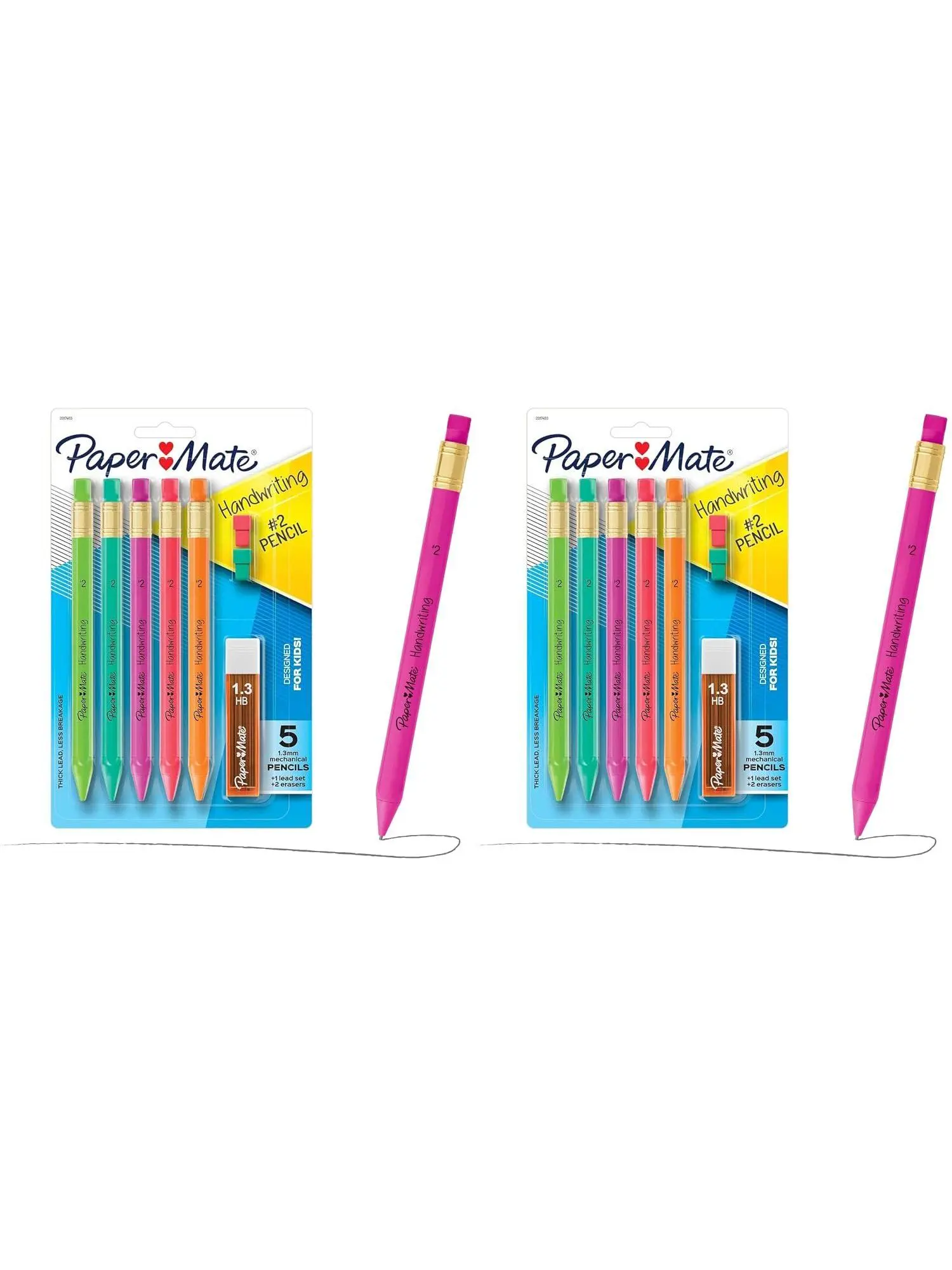 Paper Mate Handwriting Triangular Mechanical Pencils with Lead & Eraser Refills, 1.3mm, Fun Barrel Colors, 5 Count - School Supplies, Kids Writing